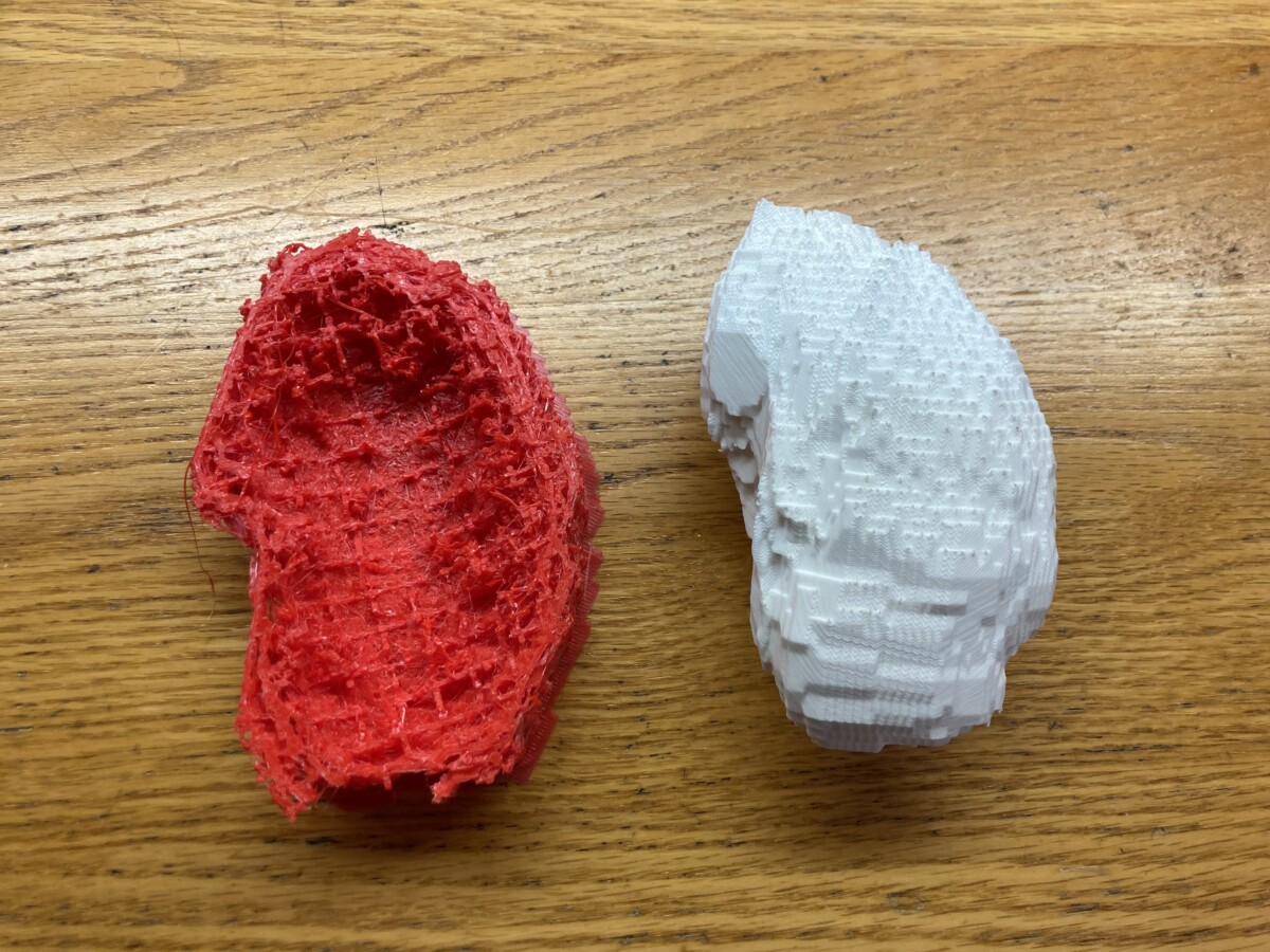Dostali jsme za úkol vytisknout nějaký lidský orgán podle obrázku CT. Nalevo 1. pokus, napravo 2. pokus.